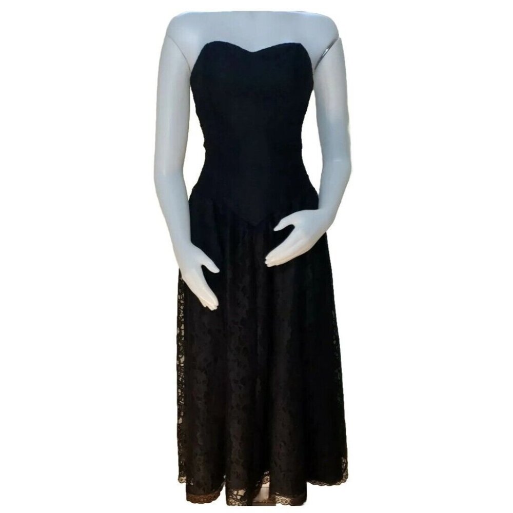 Vtg Strapless Corset Dress Womens 10 Black Lace NYE Cocktail Union Made USA